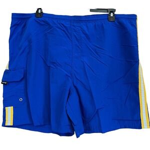 Down Under Swim Trunks Mens XL Blue Gold Stripe Pockets Mesh Lining Beach Pool